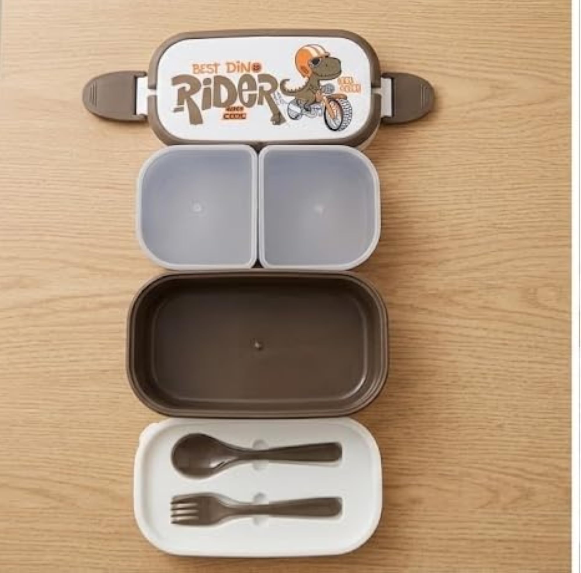 Double Layer Bento Lunch Box with Spoon and Fork, Dino Rider