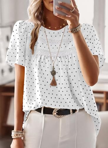 Image of Falechay Womens Summer Tops Crewneck Short Sleeve Shirts Casual Chiffon Blouses Flowy Lace Hem Boho Clothing Trendy 2026
