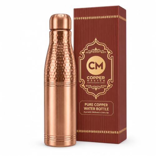 Image of Copper-Master 1 Liter Pure Copper Water Bottle - Loban Bottle Half Hammered Dual Finish, Leakproof Ayurvedic Tamra Jal Vessel for Home, Gym, Yoga & Office (1000ml / 34 oz)