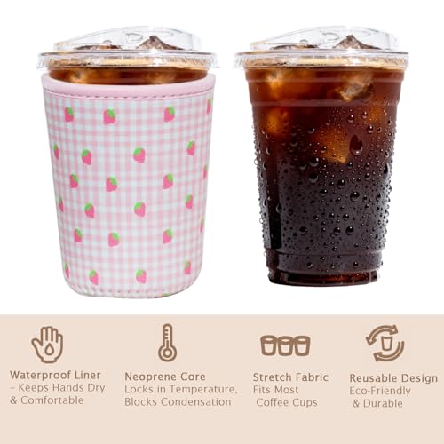 Image of Reusable Insulated Sleeve for Iced Coffee Cup, Coffee Neoprene Sleeve for Cold & Hot Drinks, Beverage Holder for Iced Coffee (Strawberry Grid, Medium: 22-24oz)