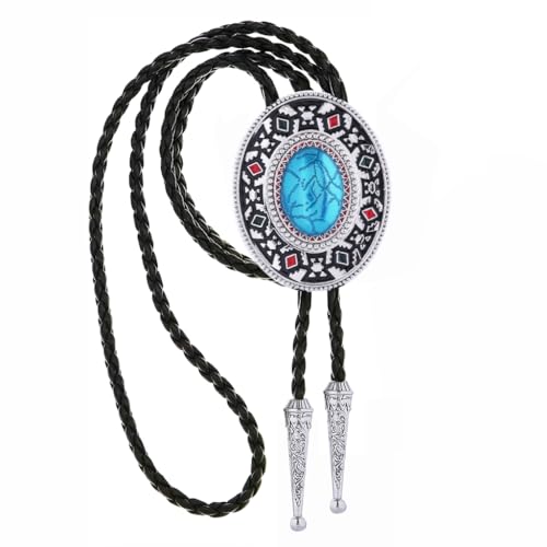 Image of GelConnie Bolo Tie for Men Women Western Cowboy Turquoise Leather Necktie | Natural Stone Bolo Tie Necklace for Women Rodeo Cowboy Leather Necktie Native American Western Cowgirl Ties Adjustable Cord
