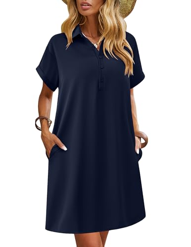 Image of HOTOUCH Womens Summer Shirt Dress 2026 Short Sleeve Floral Shift Dress Casual Loose Flowy Beach Sundress with Pockets
