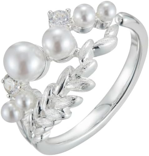 Kokoma Pearl Wheat Statement Ring for Women, Silver Plated Adjustable Open Band Crystal Leaf Promise Stacking Engagement Rings Band Wedding Jewelry