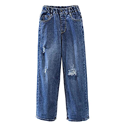 Girls Jeans Elastic Waist Denim Pants Ripped Hole Wide Leg Straight Trousers Teens Jeans with Pockets Casual Wear