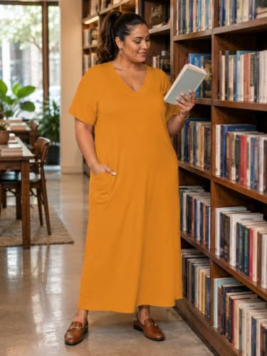 Image of SUZONANA Women Casual T-Shirt Dress V Neck Short Sleeve Solid Color Oversize Dress with Front Two Pockets