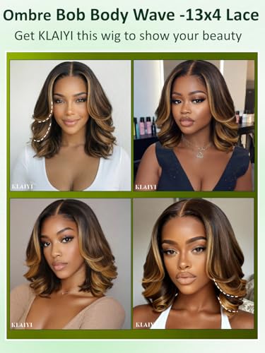 Image of KLAIYI Pre Everything13x4 Lace Front Glueless Bob Loose Body Wave Wig Human Hair Drawstring Ombre Brown Bye Bye Slip Pre Plucked Bleached Knots Ready to Wear and Go Wig with Face Framing Bang 12Inch