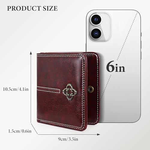 Small Wallets for Women, Flower Snap Soft PU Leather Slim Wallet Women Compact Card Holder Wallet with Zip Pocket (Red)2