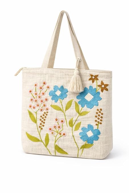 ™ Canvas Natural Cotton Trendy Pattern Embroidery Work Shoulder 1 Tote Bag for Women Best for College, Shopping, Daily Use (16X16Inch)-image-29