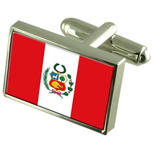Gemelos de bandera de Perú en estuche de recuerdo grabado con acabado de lujo para trajes