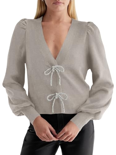 Image of Saodimallsu Womens Bow Button Front Cardigan Sweaters V Neck Cropped Knit Sweater