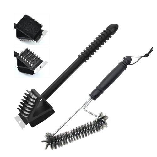 Fyfjur 2 Piezas Cepillo Barbacoa, 3 en 1 Cepillo de Alambre para Barbacoa + Cepillo Triangular de Metal para Parrilla, Kit de Limpieza para Barbacoa con Raspador para Barbacoa, Cepillo para Barbacoa