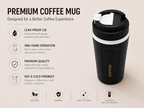 Image of Kitchivo Multipurpose Insulated Travel Mug - 350ml | Double Wall Stainless Steel Flask for Coffee, Tea & Milk | 100% Leak-Proof | Keeps Hot & Cold for Hours | Car Friendly (Matte Black)