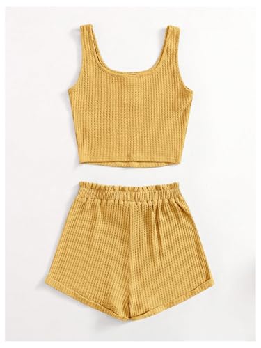 Image of RoseSeek Girl's 2 Piece Outfits Waffle Knit Scoop Neck Button Down Crop Tank Tops Paperbag Waist Track Shorts