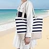 ViEinkaufen Waterproof Beach Bag,Beach Bags for Women with Zipper,Summer Tote Bags Canvas Stripe Travel Bag Reusable Shopping Shoulder Handbags for Pool Gym Picnic Holiday Essentials (Navy Blue) #2