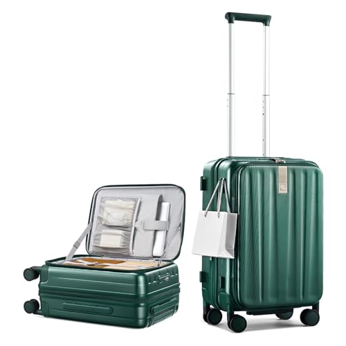 Image of Hanke 56cm Expandable Cabin Trolley Bag, 15.6 Inch Laptop Compartment, Top Opening Hard Shell Polycarbonate, 8 Durable Silent Spinner Wheels, Lightweight Carry On Suitcase for Women,Blackish Green