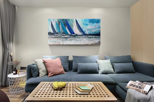 Arjun Blue Abstract Wall Art Canvas for Living Room Teal Ocean Sailboat Textured Bedroom Picture Modern Turquoise Coastal Nautical Painting Framed Artwork Home Office Wall Decor, Extra Large 58"x29" - Image 2