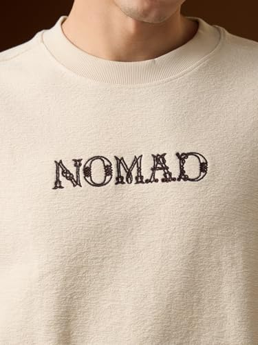 Image of The Souled Store Nomad: Celtic Men and Boys Short Sleeves Round Neck Off-White Embroidered Celtic Tree Graphic Casual Drop Shoulder Streetwear Trendy Super Oversized T-Shirt