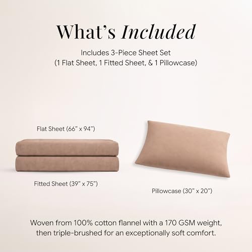 Image of Tribeca Living Triple Brushed Soft Cotton Flannel Sheets Set, Twin Size 170-GSM Weight Extra Deep Pocket Sheet in Solid Cashmere Color
