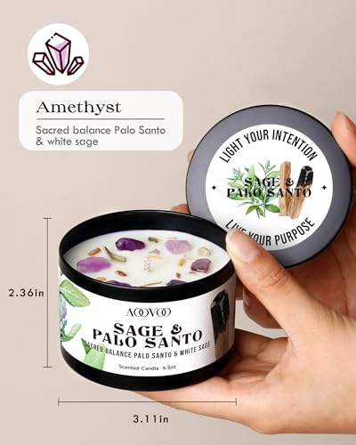 Image of AOOVOO 2 Pack Sage & Palo Santo Candles - Cleansing Candle with Crystals, Sage Leaves & Palo Santo Wood, 13oz 100 Hours Long Lasting, Non Toxic Candle for Spiritual Energy Cleansing Meditation Yoga