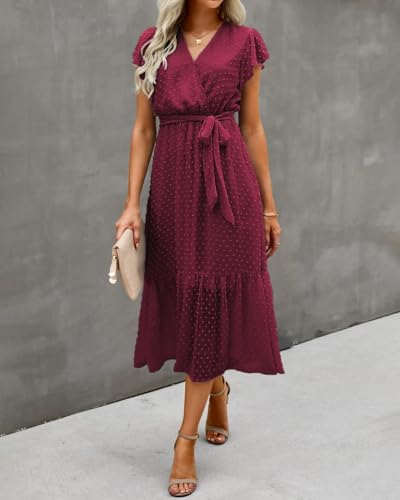 Image of BTFBM Women Summer Bohemian Floral Casual Wrap V Neck Ruffle Cap Sleeveless Belt A-Line Pleated Hem Midi Sun Dress White
