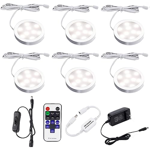 AIBOO LED Under Cabinet Lighting Fixture Kitchen Under Counter Lights with Plug in and Wireless RF Remote Control, 6 Thin Cabinet LED Puck Light Kits (4000K Natural White)