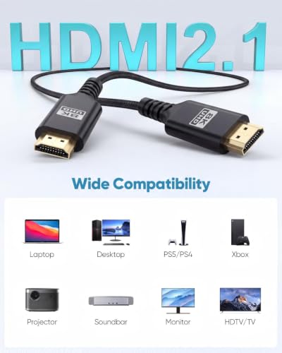 Image of 8K Short HDMI Cable Black 6.6FT, 48Gbps Ultra High Speed HDMI 2.1 Cable eARC Braided HDMI Cord with 8K@60Hz, 4K@120Hz, HDR10+, Dolby, 3D,HDCP2.3 for Laptop /Monitor /HDTV /Soundbar /Blu-ray /PS5 /Xbox