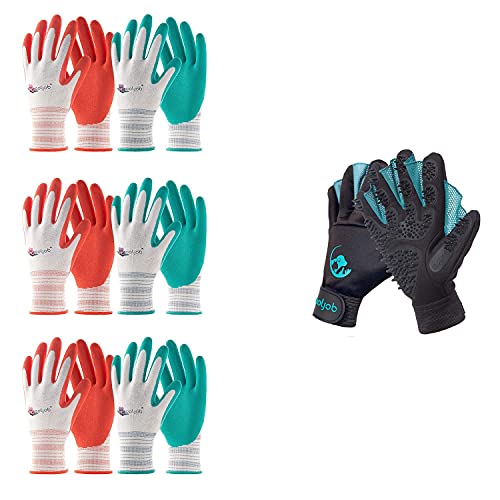 COOLJOB Gardening Gloves for Women, 6 Pairs + Pet Grooming Gloves, Brush for DeShedding,1 Pair