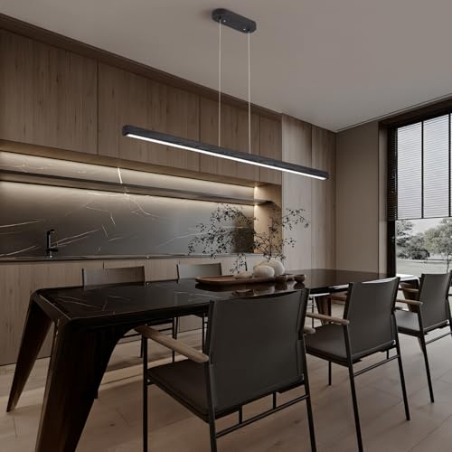 Image of 71 Inch LED Linear Pendant Light Black Wood LED Kitchen Island Lighting Dimmable Ceiling Hanging Chandeliers for Dining Room Living Room Bar Pool Table 40W Modern Farmhouse Fixture Black Wood Finish
