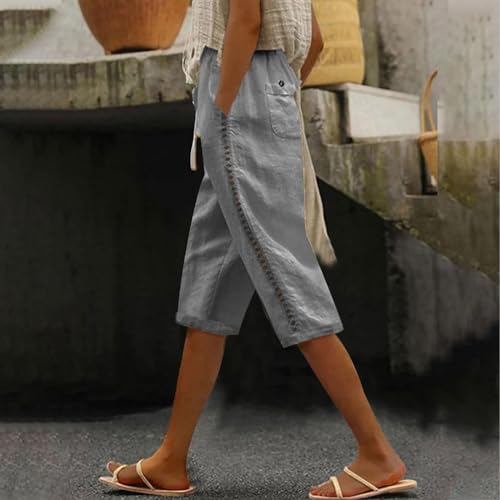 Capri Pants Women Knee Length Summer Beach Linen Bermuda Shorts Drawstring Elastic Waisted Casual Shorts with Pockets2