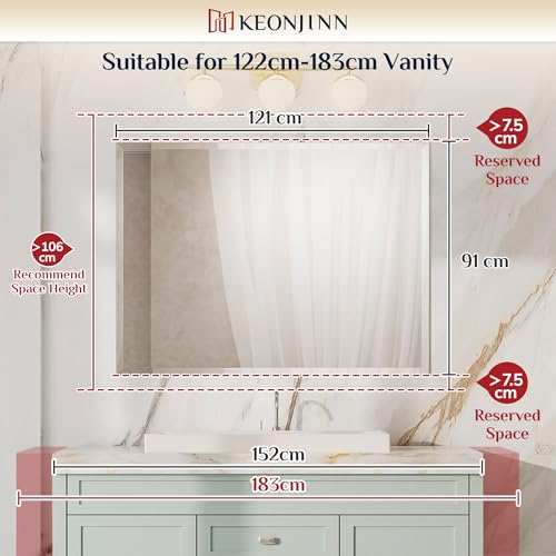 Keonjinn Frameless Bathroom Mirror 120x90cm, Wall Mounted Mirror With Bevelled Edge Design, Rectangular Vanity Mirror for Bathroom, Hallway, Living Room - Image 2