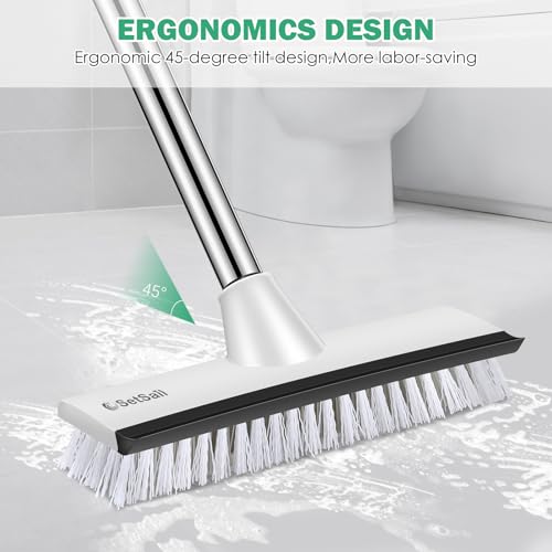 Image of SetSail Floor Scrub Brush with 51-Inch Long Adjustable Handle 2 in 1 Scrape Brush Stiff Bristle Floor Scrubber for Cleaning Shower Bathroom Garage Kitchen Wall Deck Tub Tile,Black White