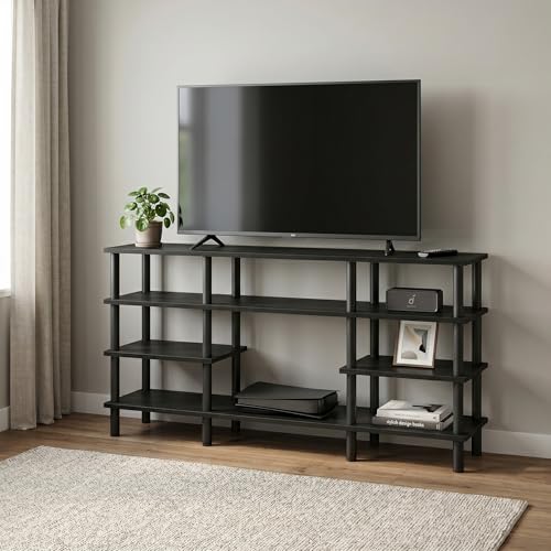 Image of Furinno Turn-N-Tube 4-Tier Multipurpose Wide Shelf TV Stand, Espresso /Black | Open Shelf Entertainment Center, TV Console, Open Frame for Cable Management, for Living Room, Bedroom