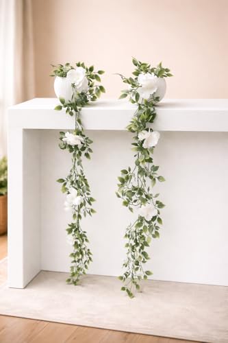 Image of Blessence Set of 2 Artificial Flower Creeper Hanging with Pot 99 cm, Ivy Vine Garland with Small Size Pot for Home Office Wall Shelf Table Living Room Decor (Green and White)
