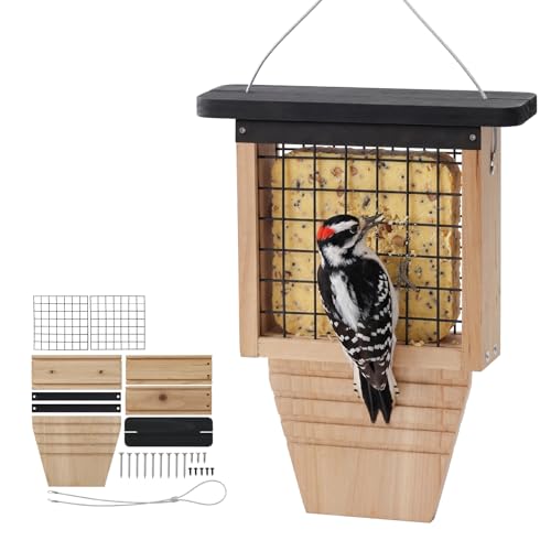 DIY Suet Bird Feeder for Outdoors Hanging Woodpecker Feeder with Tail-Prop Design Wooden Wild Bird Feeder for Suet Cakes Great for Woodpeckers Chickadees & Nuthatches (Assembly Required)
