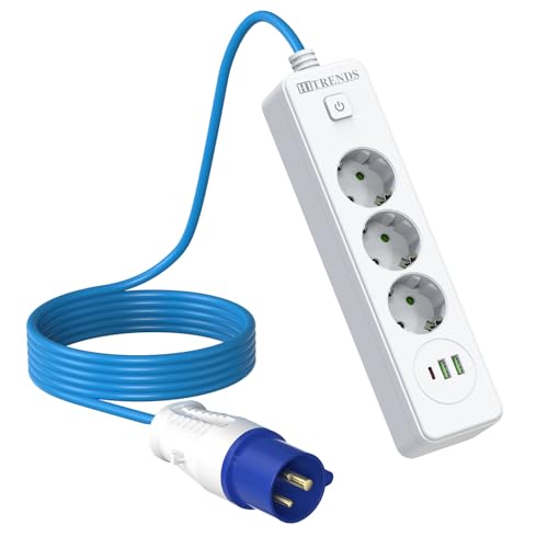 KEAGAR Regleta CEE de 3 Tomas | Conector CEE Trifásico: 16A/250V/IP44/EN60309 | Tomacorriente: 10A 220V 2500W | Cable de Goma de 5m | Tomacorriente USB Pared con Interruptor | Para Camping y Autocarav
