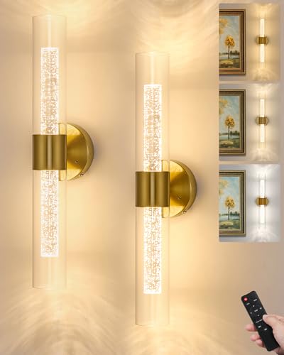 Easy Install Battery Operated Wall Sconce, Rechargeable Wireless Wall Sconces Set of Two 10000mAh 3000K/4500K/6000K Timer Function Battery Operated Wall Light with Remote Control for Living Room Gold