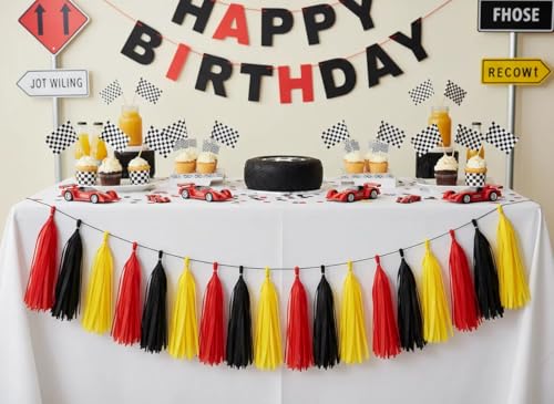 Image of Red Yellow and Black Tissue Paper Tassels Tassel Garland Banner for Birthday Party Decorations,Pack of 15