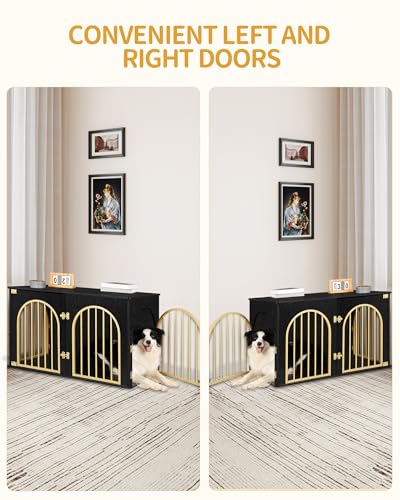 Hzuaneri Hundekäfig Möbel, 100cm Hundebox für Zuhause, 3 Türen, Bogentür, Moderne Hundebox Indoor für Hunde, Beistelltisch, Hundekäfig Hochbelastbar, 100 x 60 x 63 cm, Schwarzes Gold DFC84104A