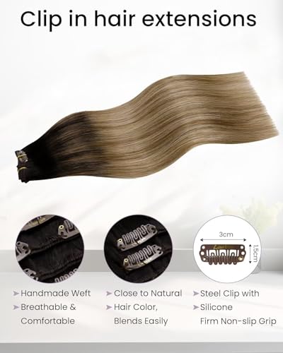 Image of LaaVoo Clip in Hair Extensions Real Human Hair Balayage Hair Extensions Clip ins Darkest Brown Ombre Mix Ash Brown Blonde Human Hair Clip in Extension 18Inch 5pcs 80g