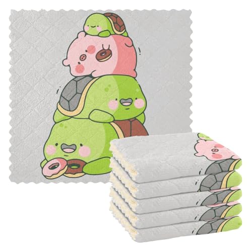 Akiraki キッチンクロス 豚 豚柄 亀 ドーナツ グレー おもしろ 可愛い ふきん 雑巾 吸水 速乾 汚れ落とし キッチン 台拭き 6枚セット 食器ふきん おしゃれ ぞうきん 家庭用 洗車 28X28cm