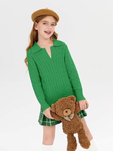 Image of Girls Sweaters Kids Fashion Cable Knit Collared V Neck Pullover Sweater Tops 5-14 Years