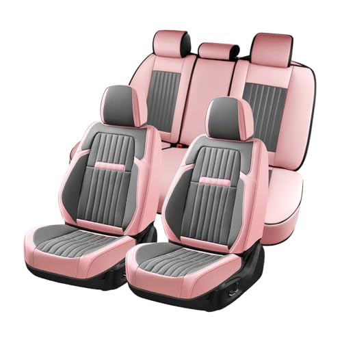 Image of Coverado Car Seat Covers Full Set, Nappa Leather Seat Covers for Cars, Waterproof Car Seat Covers Front Seats and Back, Automotive Car Seat Protector Car Seat Cushion Fit for Most Cars (Pink&Grey)