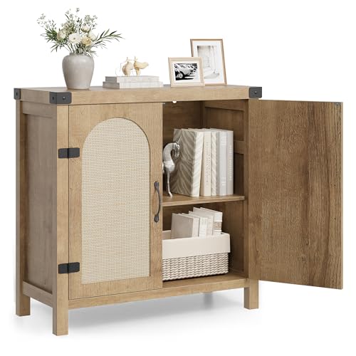 GarveeHome Rattan Sideboard Buffet Cabinets with Storage, Farmhouse Kitchen Accent Storage Cabinet, Boho Wooden Coffee Bar Cabinet for Dining Room, Living Room, Hallway, Natural
