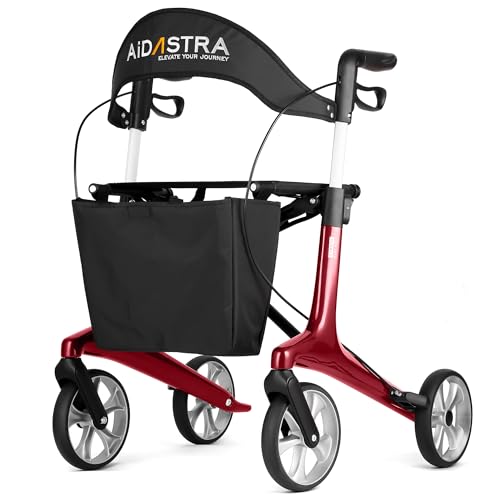 Ultralight Carbon Fiber Rollator Walkers for Seniors Lightweight at Only 12lbs, Foldable Carbon Rolling Walker with Organizer Bag, Seat and 8'' Wheels for Travel & The Elderly (Red)