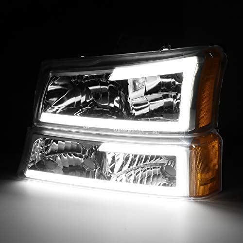 Image of DNA MOTORING HL-LB-CSIL03-CH-AM Chrome Amber 3D LED DRL Headlight Bumper Lamp Set Compatible with 03-06 Silverado 1500-3500 / Avalanche 1500 2500