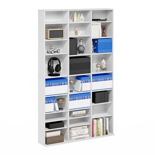 Image of Furinno Jaya DVD Shelf, Wide 24-Shelf CD Rack, Media Shelf with Adjustable Shelves, Easy Assembly DVD Storage Cabinets for CD Bluray Game Disc, for Living Room, Home Office, Plain White