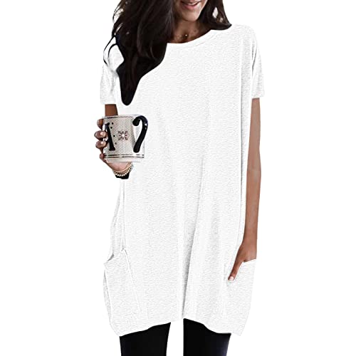Longshirt Damen Oversized Sommer Tshirt Kurzarm Rundhals mit Tasche Lang Tunika T Shirt Longtops Einfarbig Elegant Longbluse Damen Lässige für Leggings Locker Pullover