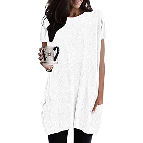 Damen Lang Shirt Rundhals Kurzarm Oberteil Einfarbig T-Shirt Tunika Loose...