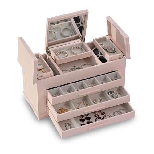 Hanway 4 Layers Wooden Jewelry Box Organizer for Women, with multiple compartments, featuring interior mirror & tray for necklaces, earrings, bracelets, glasses, and rings (Pink)