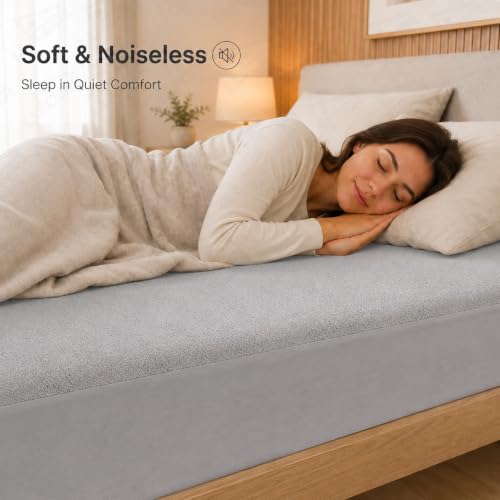 Image of Lukzer Waterproof Mattress Protector Grey King Size 72 x 72 Inches (6 x 6 ft) Ultra Soft Terry Cotton Feel Fabric with Elastic Skirting Hypoallergenic and Breathable Mattress Cover